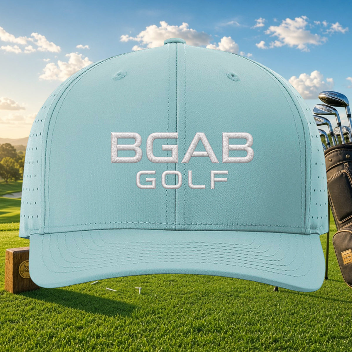 Better Grab A Beer light blue performance golf cap with laser-cut ventilation and white embroidered BGAB GOLF logo