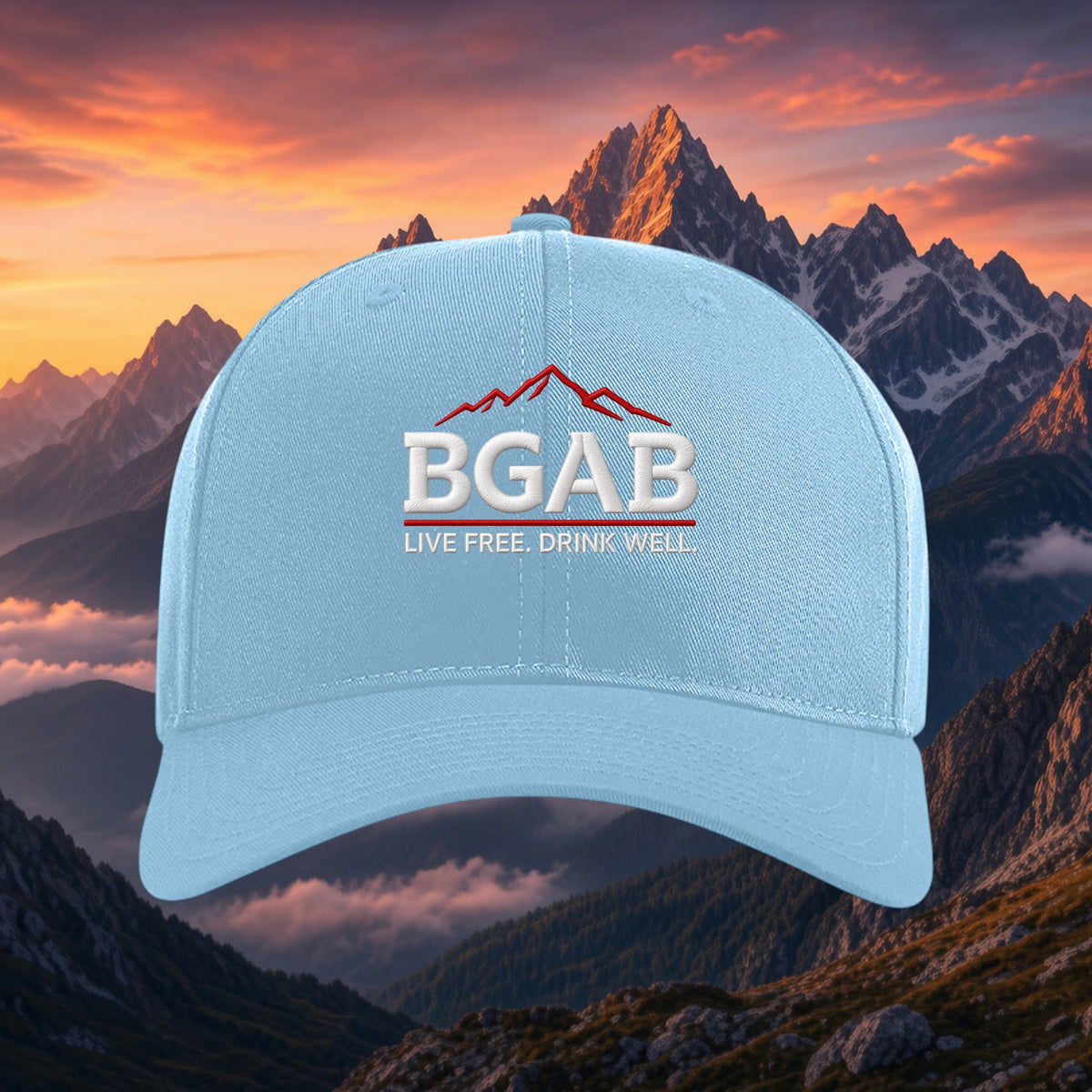 Better Grab A Beer light blue structured snapback cap with embroidered BGAB mountain logo against a sunset mountain
