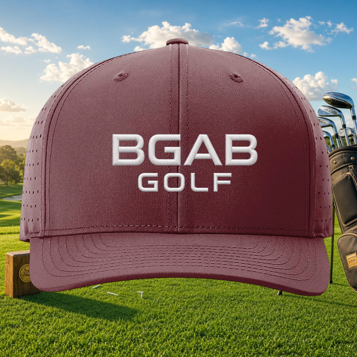 Better Grab A Beer maroon performance golf cap with white BGAB GOLF embroidery, laser-cut side panels, and curved bill.
