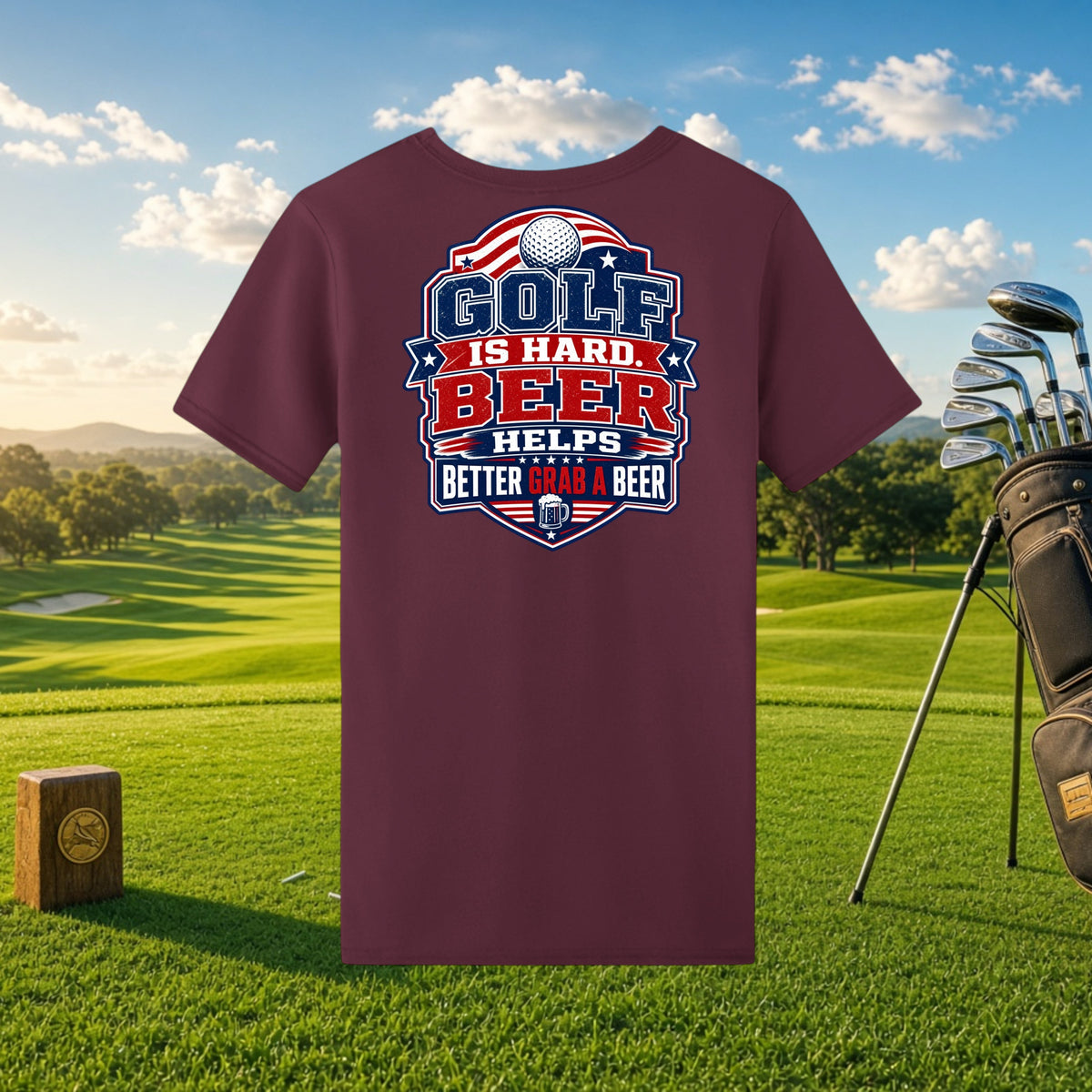 Better Grab A Beer maroon performance t-shirt with Golf Is Hard Beer Helps graphic on a golf course background.