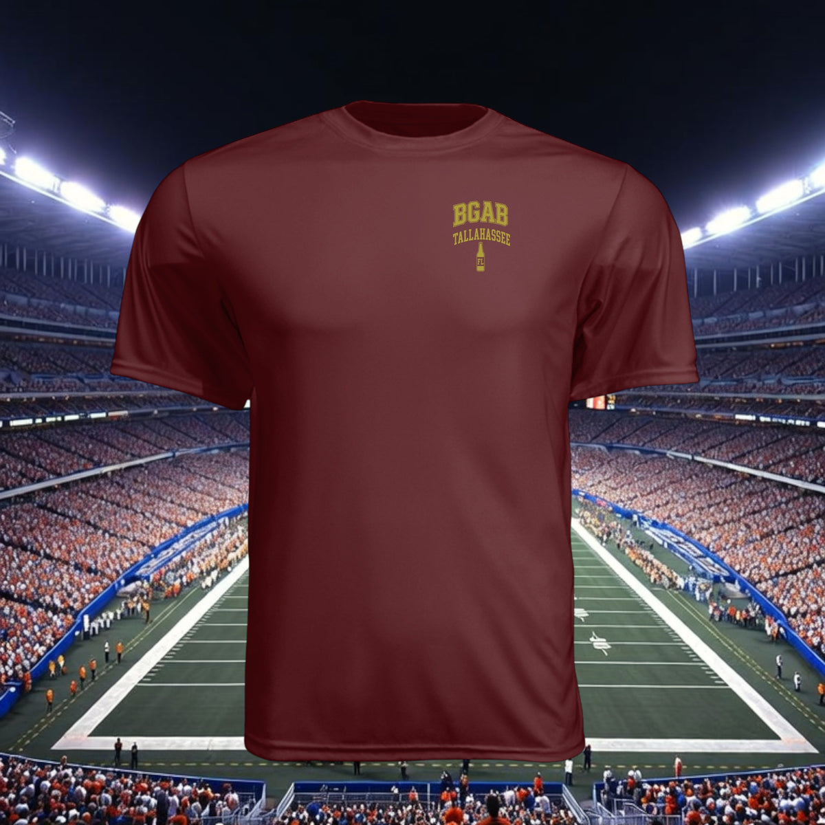 Better Grab A Beer maroon moisture-wicking performance t-shirt with Tallahassee logo against a stadium background