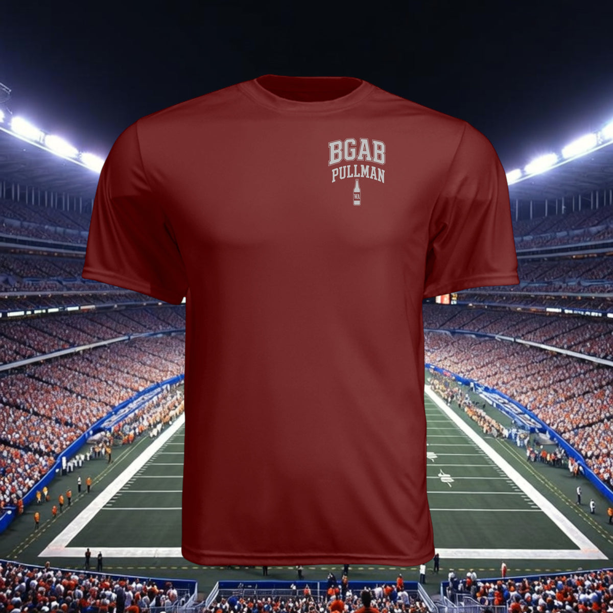 Better Grab A Beer maroon moisture-wicking performance crew neck t-shirt with white BGAB Pullman logo graphic