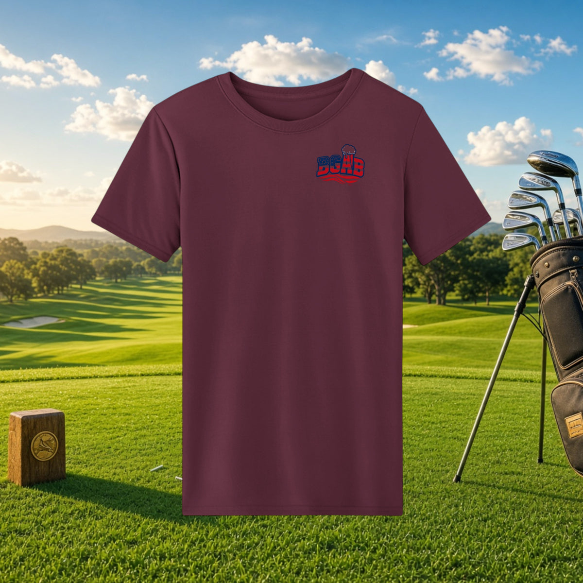 Better Grab A Beer maroon performance t-shirt with logo on a golf course background.