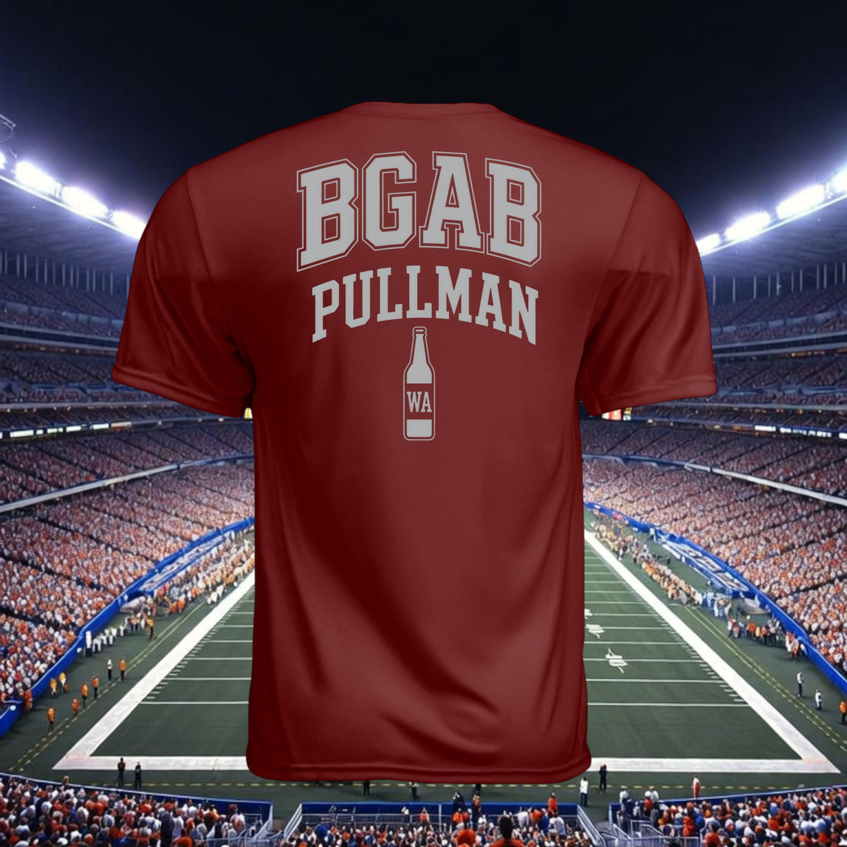 Better Grab A Beer maroon performance crew neck t-shirt with white BGAB Pullman graphic, back view in stadium