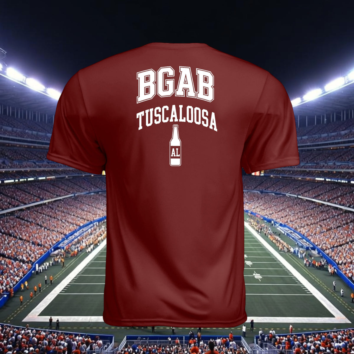 Back view of a Better Grab A Beer maroon performance t-shirt with white Tuscaloosa graphic and beer bottle logo