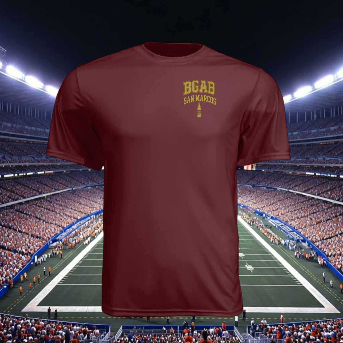 Better Grab A Beer maroon performance crew neck t-shirt with gold San Marcos logo, moisture-wicking athletic fabric.