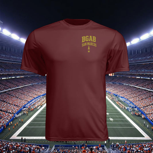 Better Grab A Beer maroon performance crew neck t-shirt with gold San Marcos logo, moisture-wicking athletic fabric.