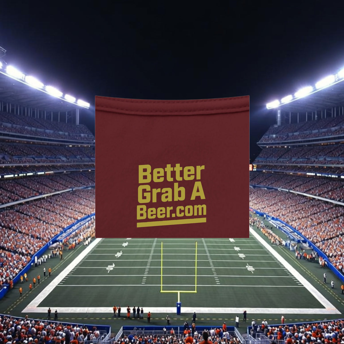 Better Grab A Beer maroon performance crew neck t-shirt with gold logo, set against a football stadium background.