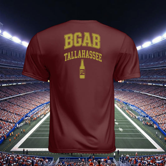 Better Grab A Beer maroon performance t-shirt with Tallahassee graphic on back, set against a stadium background.