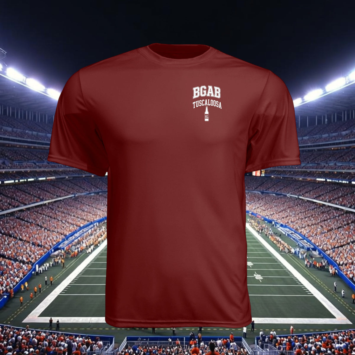 Better Grab A Beer maroon moisture-wicking performance t-shirt with white Tuscaloosa graphic against a stadium background