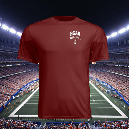 Better Grab A Beer maroon moisture-wicking performance t-shirt with white Tuscaloosa graphic against a stadium background
