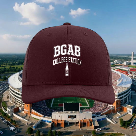 Better Grab A Beer maroon six-panel trucker hat with white College Station bottle graphic and adjustable snapback