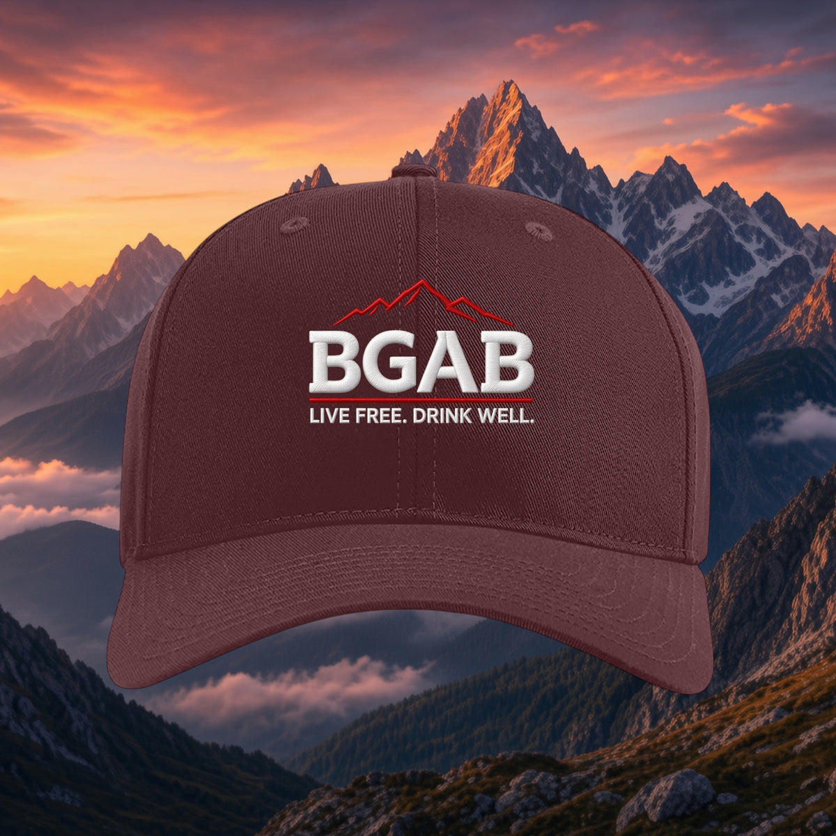 Better Grab A Beer Rockies Pro twill snapback cap in maroon with white BGAB logo against a mountain sunset backdrop.