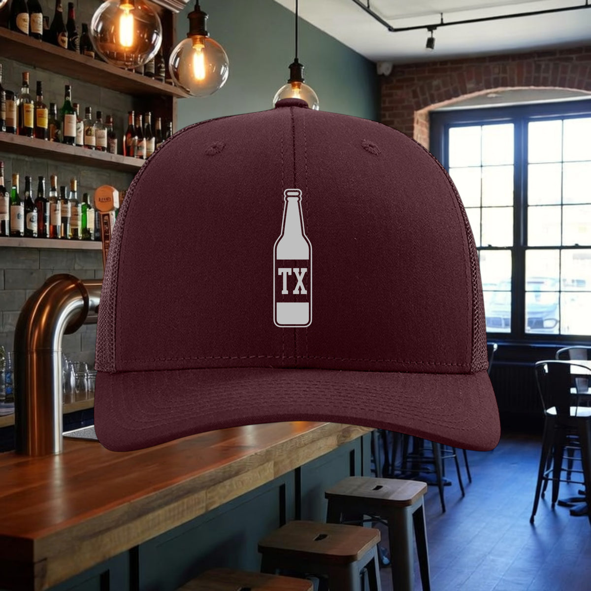 Better Grab A Beer maroon six-panel trucker hat with white TX bottle graphic and adjustable snapback closure