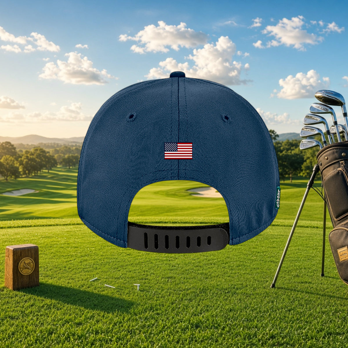 Better Grab A Beer navy blue six-panel golf cap with American flag detail and rubber strap closure on a golf course.