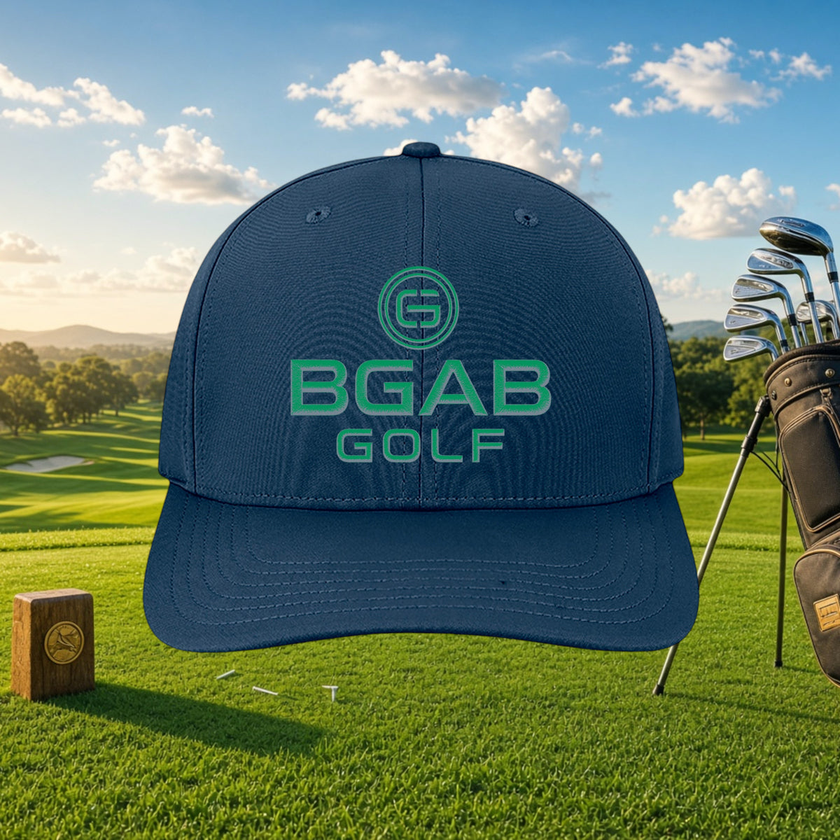 Better Grab A Beer navy blue structured golf cap with green BGAB Golf embroidery on a sunny golf course background.