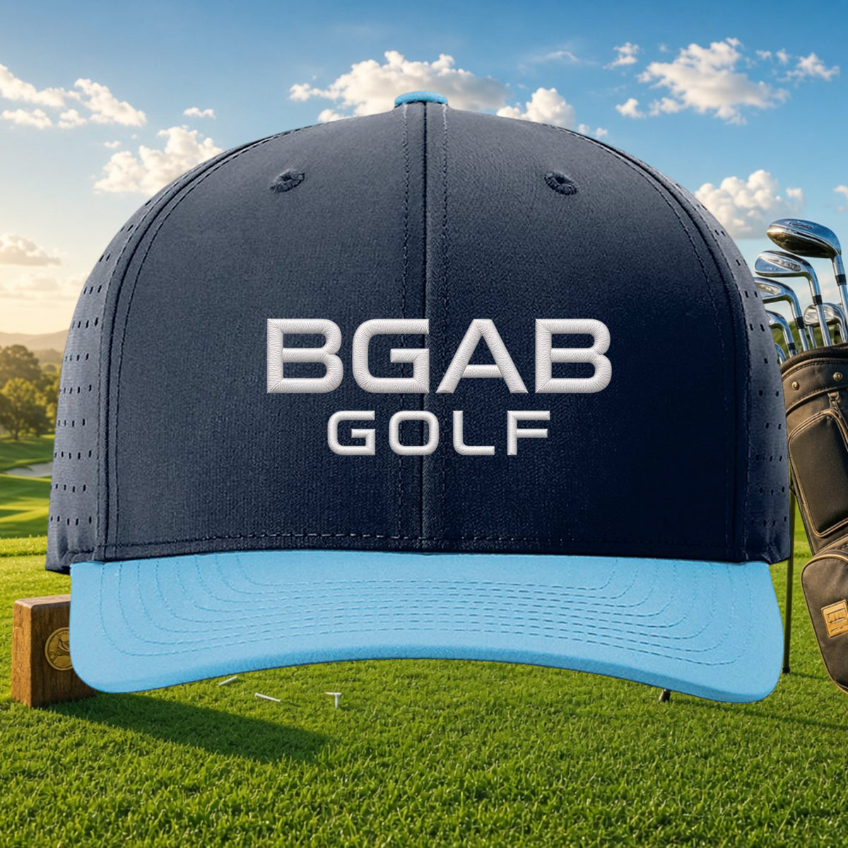 Better Grab A Beer navy and light blue performance golf cap with BGAB GOLF embroidery and laser-cut ventilation
