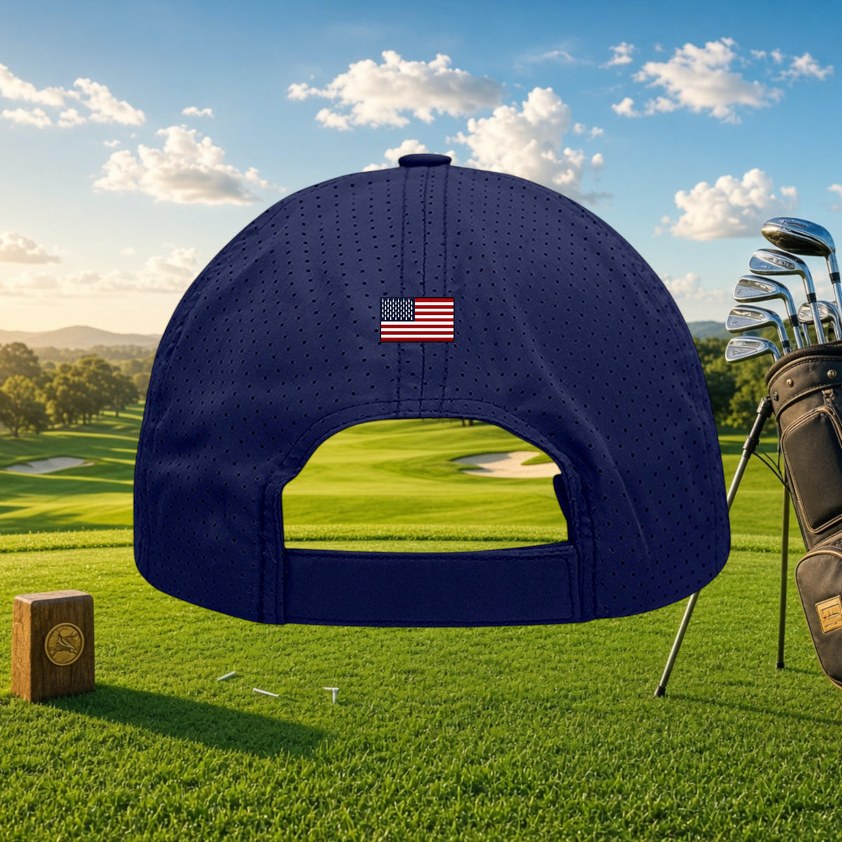 Better Grab A Beer navy blue perforated performance cap with a small American flag patch on the back