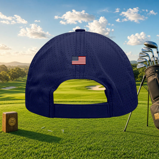 Better Grab A Beer navy blue perforated performance cap with a small American flag patch on the back
