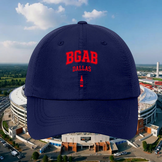 Better Grab A Beer navy blue unstructured perforated polyester cap with red BGAB Dallas bottle cap embroidery