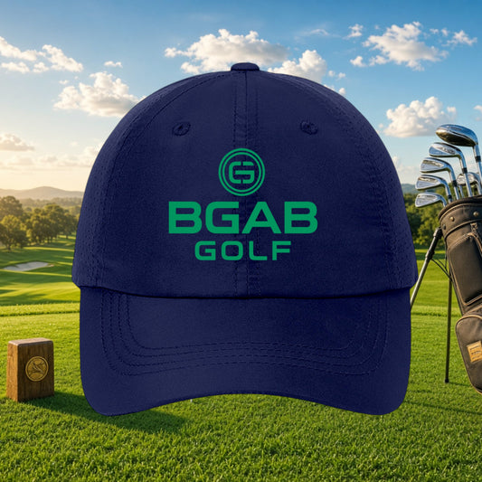 Better Grab A Beer navy blue unstructured polyester performance cap with green BGAB GOLF logo on a golf course