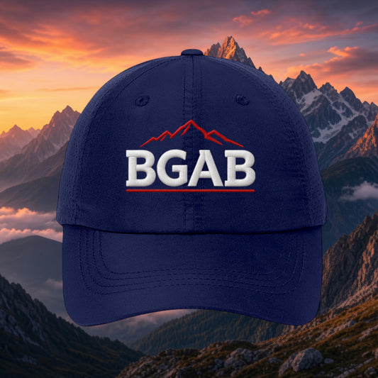 Better Grab A Beer navy blue unstructured performance cap with white BGAB logo and red mountain graphic embroidery