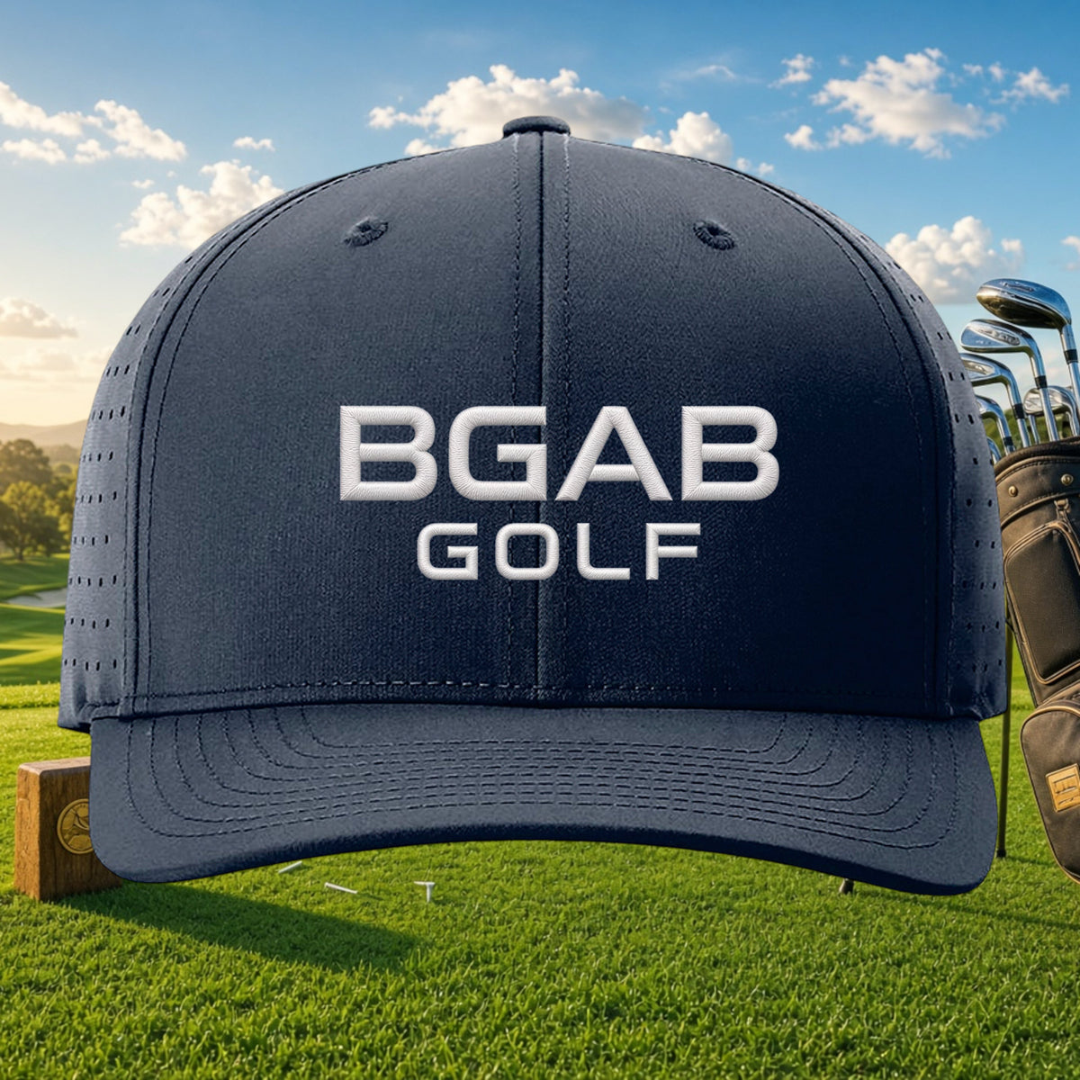 Better Grab A Beer navy blue performance golf cap with white BGAB GOLF embroidery and laser-cut side perforations.