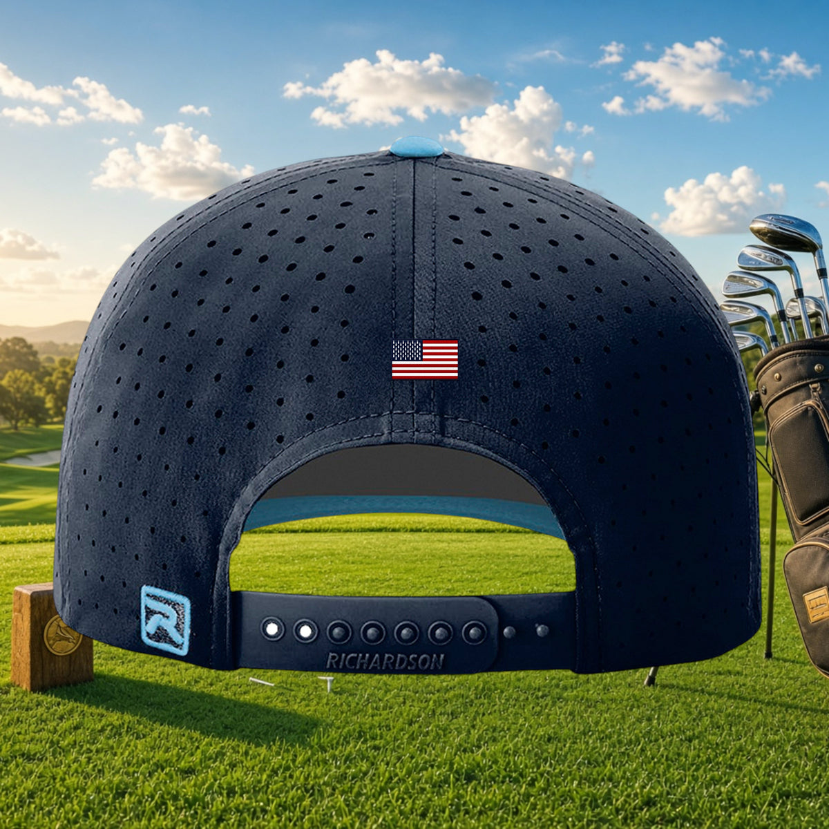 Better Grab A Beer navy blue performance golf cap with laser-cut ventilation holes and American flag detail