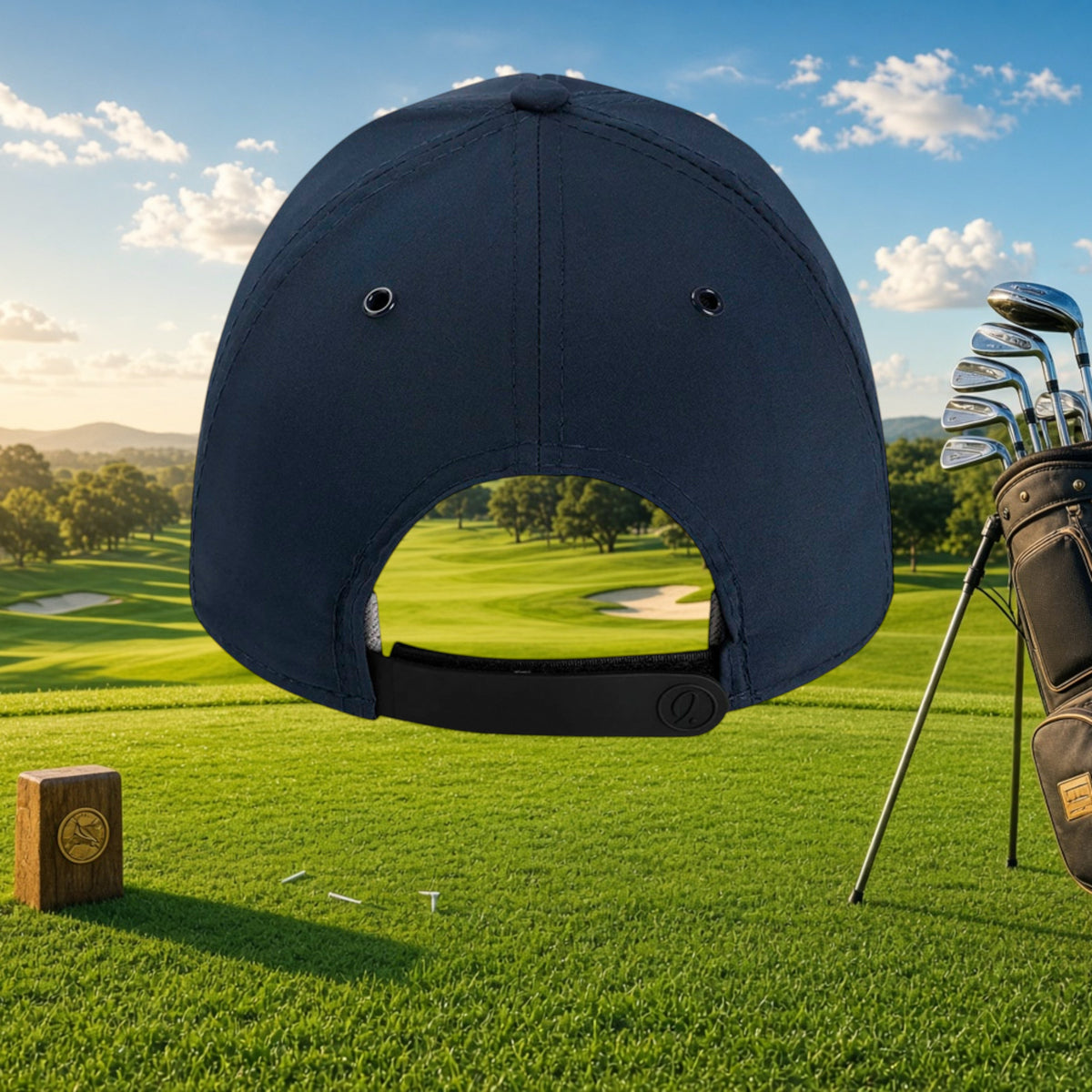 Better Grab A Beer navy performance hat with rubberized backstrap shown from the back on a golf course background