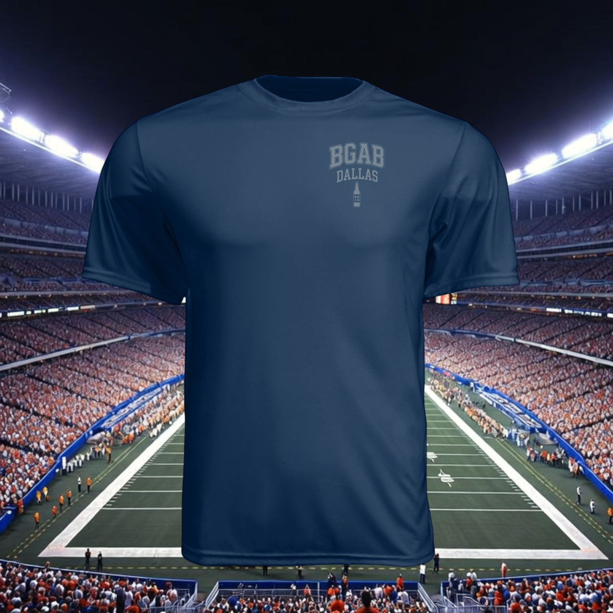Better Grab A Beer navy blue moisture-wicking performance t-shirt with BGAB Dallas logo against a stadium background.