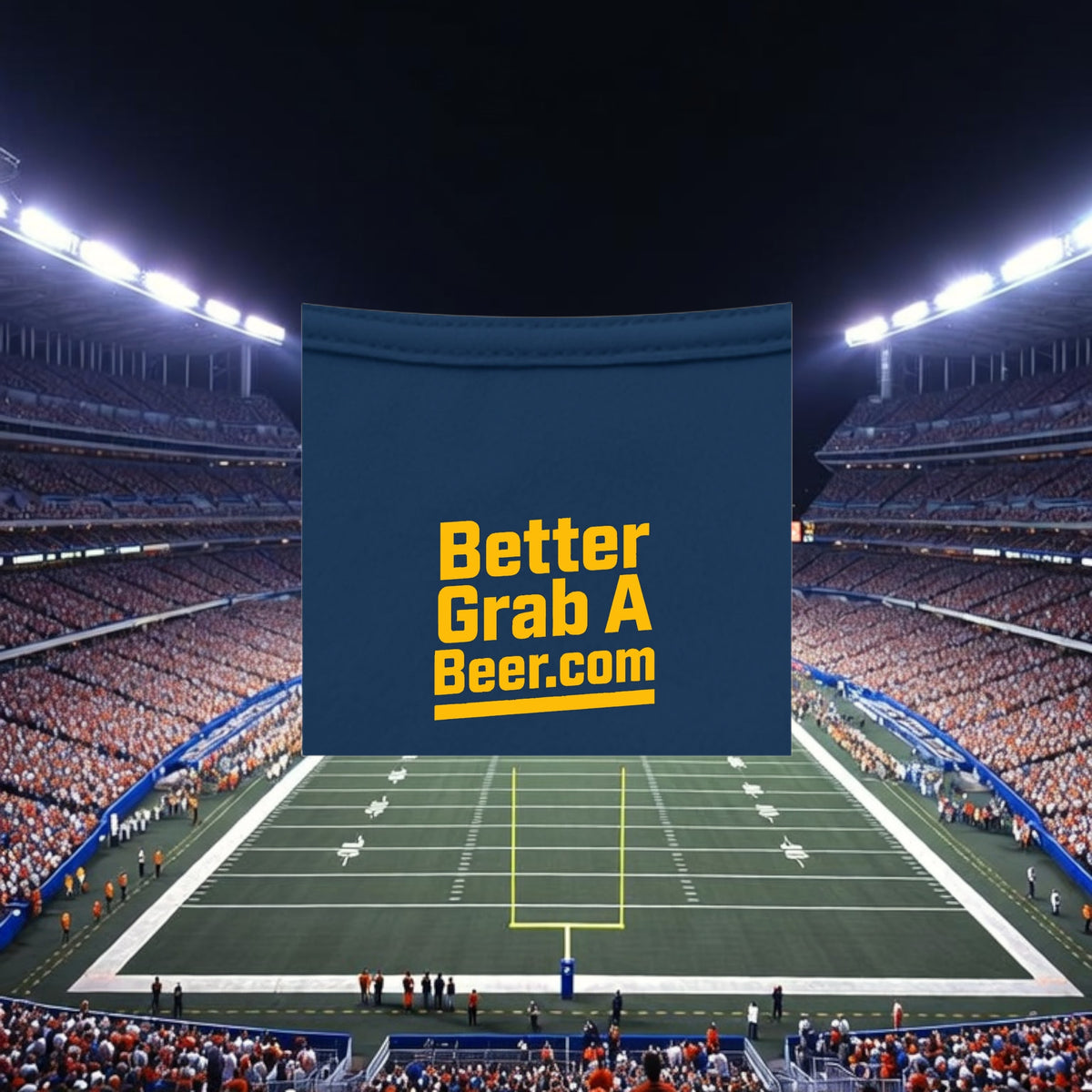 Better Grab A Beer navy blue performance crew neck t-shirt with yellow logo, moisture-wicking athletic fabric.