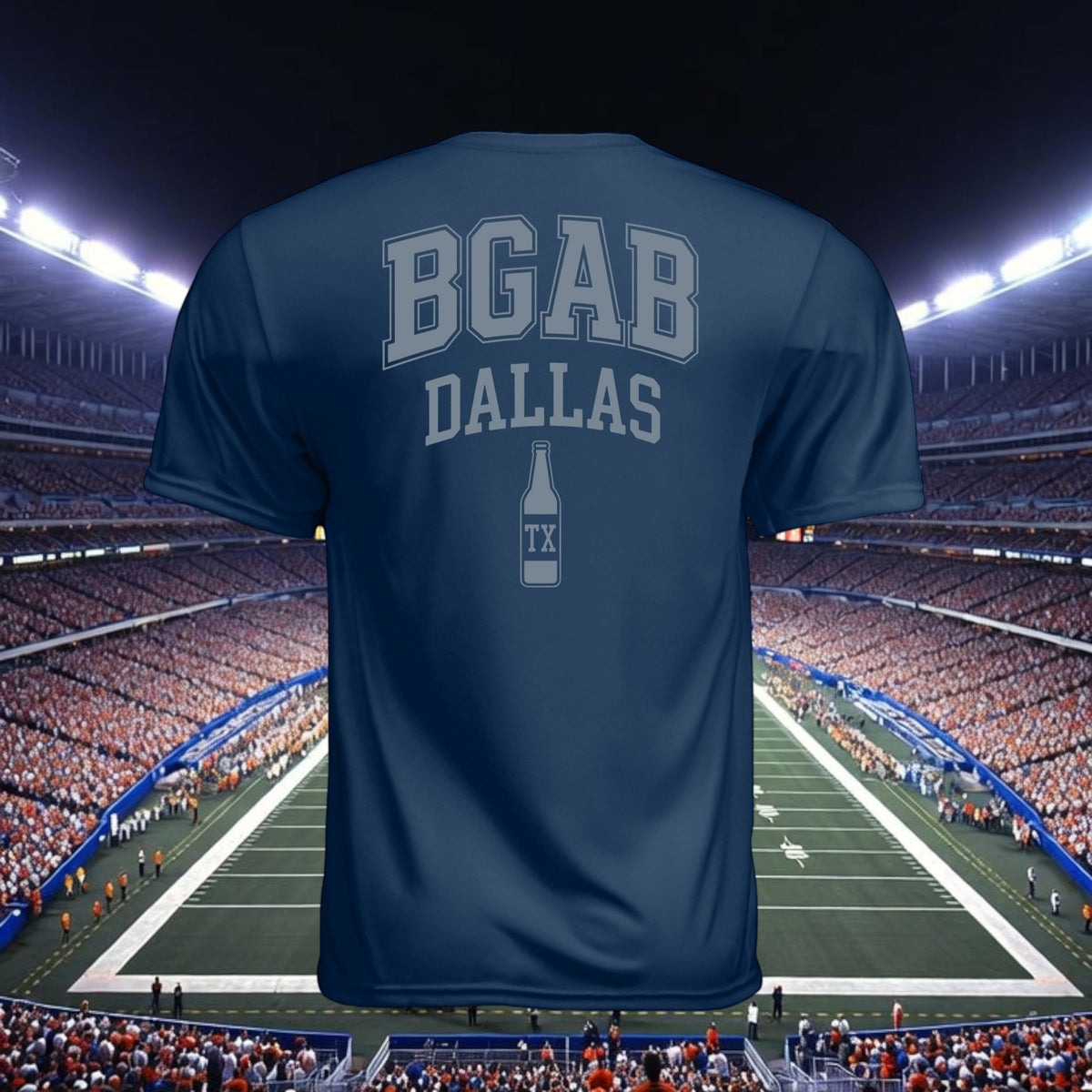 Better Grab A Beer navy blue performance t-shirt with BGAB Dallas beer bottle graphic, back view in stadium setting.