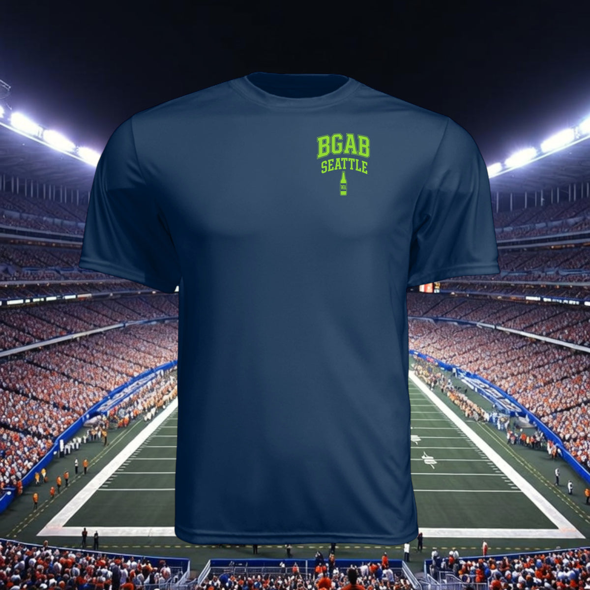 Better Grab A Beer navy blue moisture-wicking performance crew neck t-shirt with green Seattle graphic logo