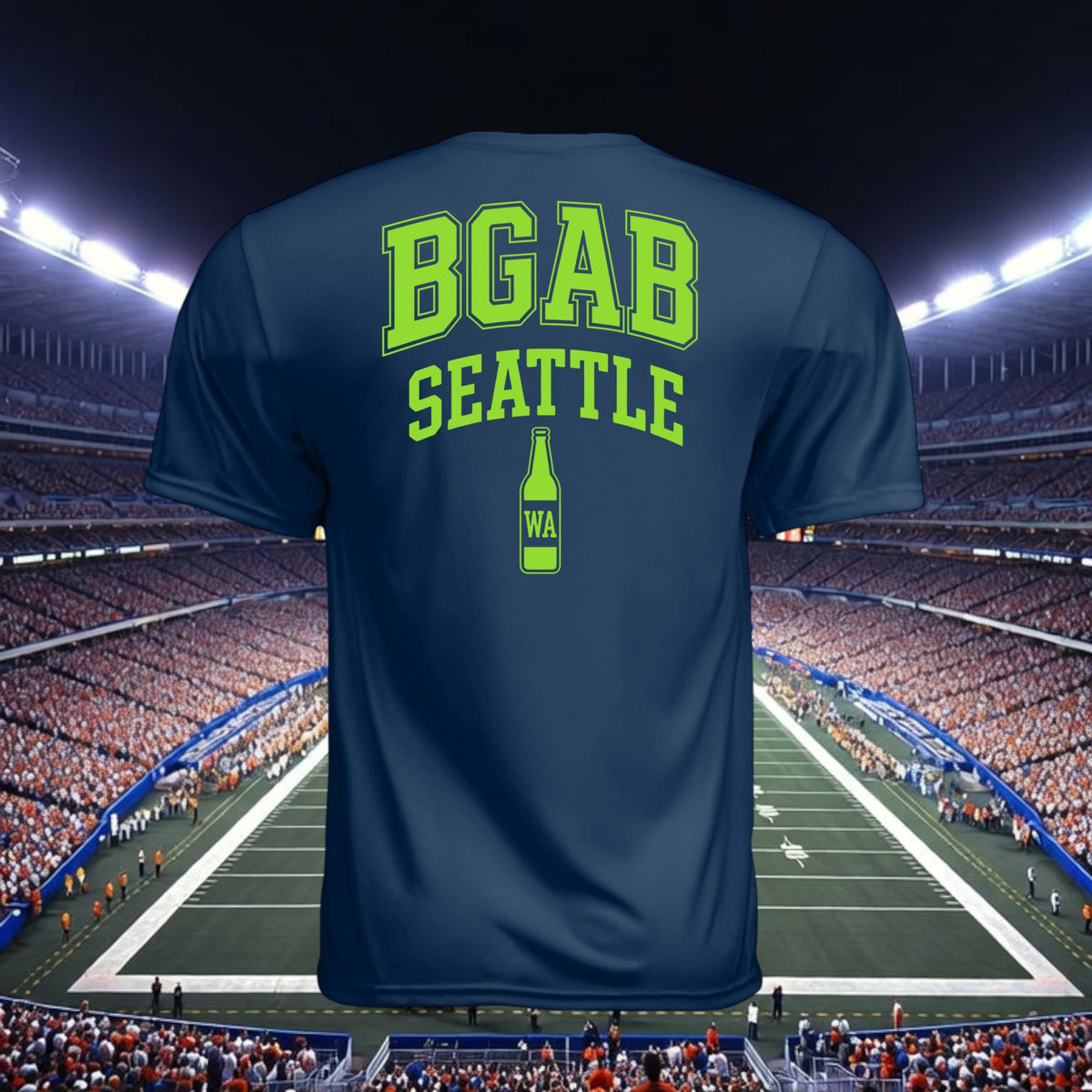 Better Grab A Beer navy blue performance t-shirt with neon green BGAB Seattle graphic on the back