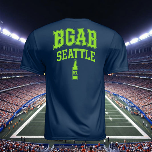 Better Grab A Beer navy blue performance t-shirt with neon green BGAB Seattle graphic on the back