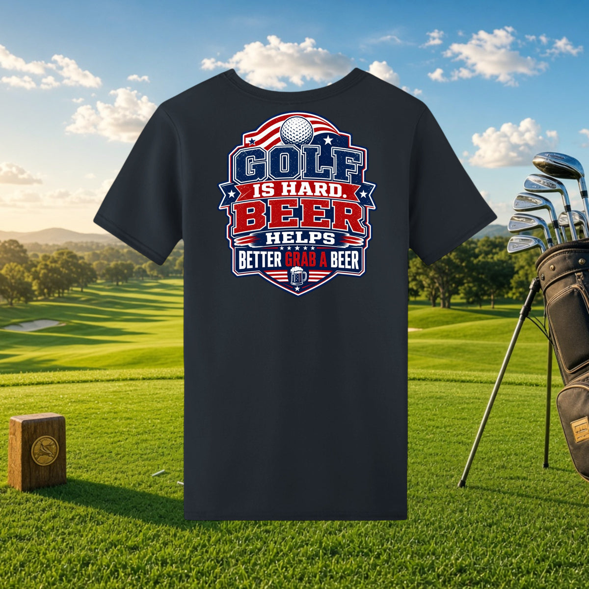 Better Grab A Beer navy performance t-shirt with Golf Is Hard Beer Helps graphic on a golf course background