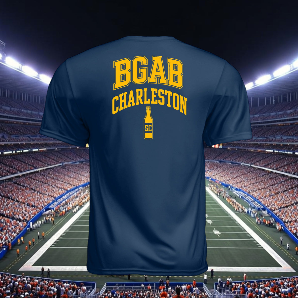 Better Grab A Beer navy blue performance t-shirt with yellow BGAB Charleston logo and beer bottle graphic on back