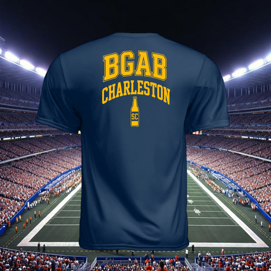 Better Grab A Beer navy blue performance t-shirt with yellow BGAB Charleston logo and beer bottle graphic on back