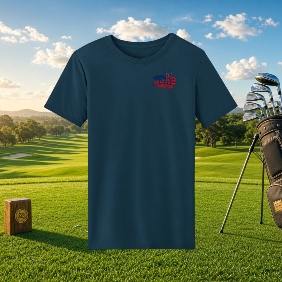 Better Grab A Beer navy blue performance t-shirt with BGAB logo, featuring moisture-wicking fabric on a golf course.