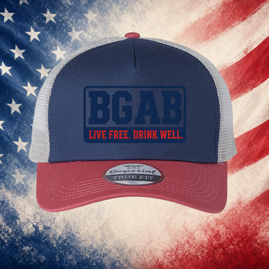 Better Grab A Beer navy and red structured trucker hat with mesh back and BGAB Live Free Drink Well graphic print