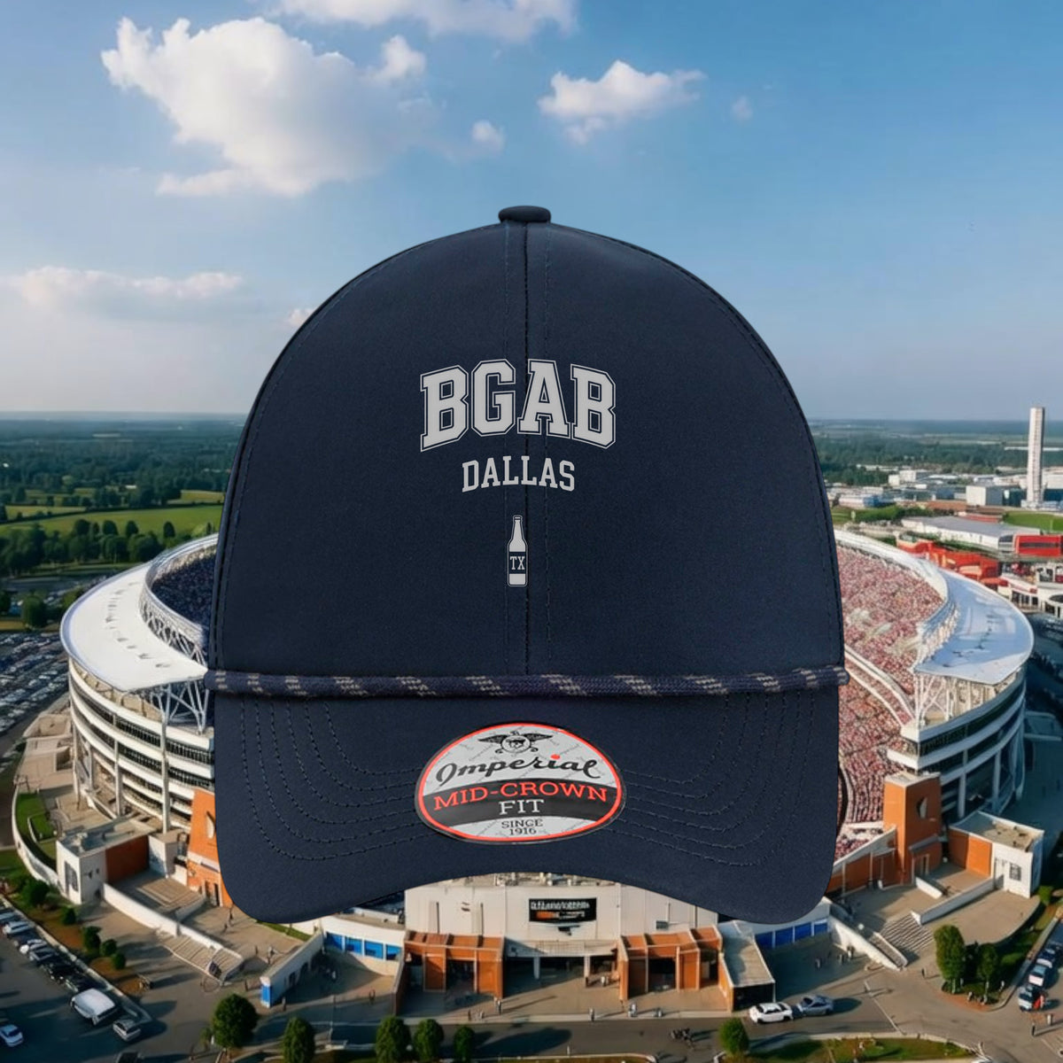 Better Grab A Beer navy performance rope hat with BGAB Dallas logo and pre-curved visor against a stadium background