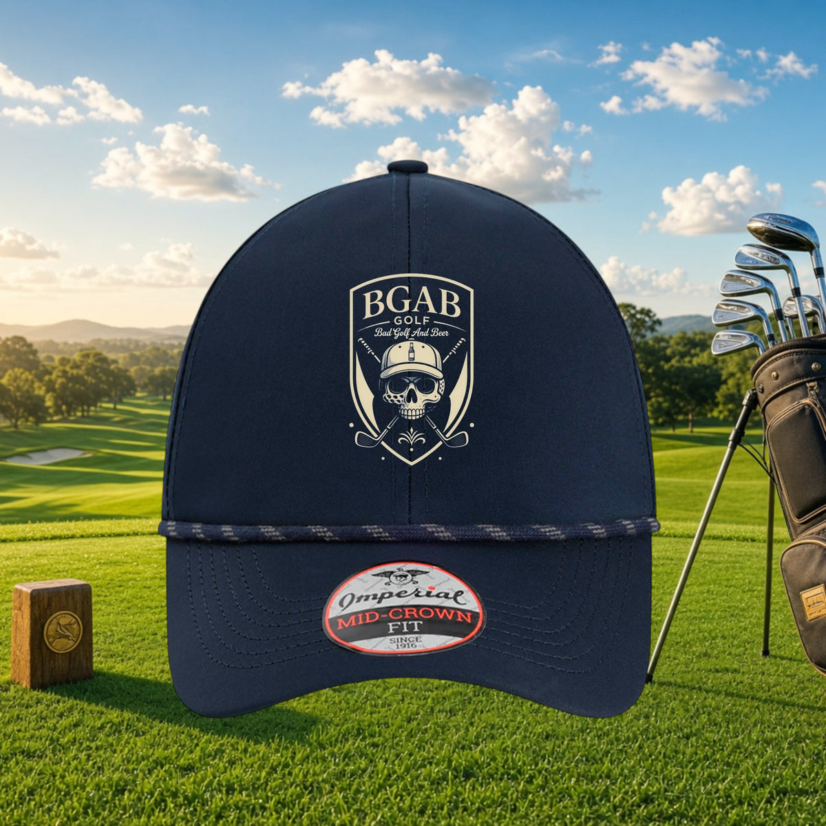 Better Grab A Beer navy blue performance rope hat featuring a white BGAB Gold Shield skull logo on a golf course.