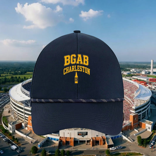 Better Grab A Beer navy performance rope hat with yellow BGAB Charleston text and bottle logo over a stadium view