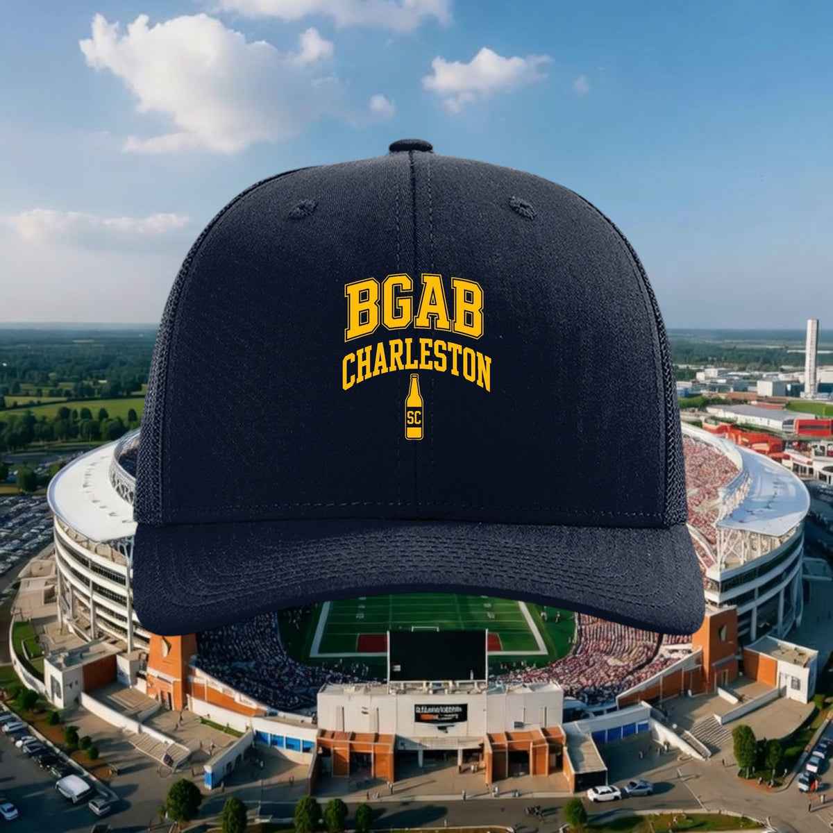 Better Grab A Beer navy blue Richardson 112 trucker cap with yellow BGAB Charleston bottle graphic and snapback