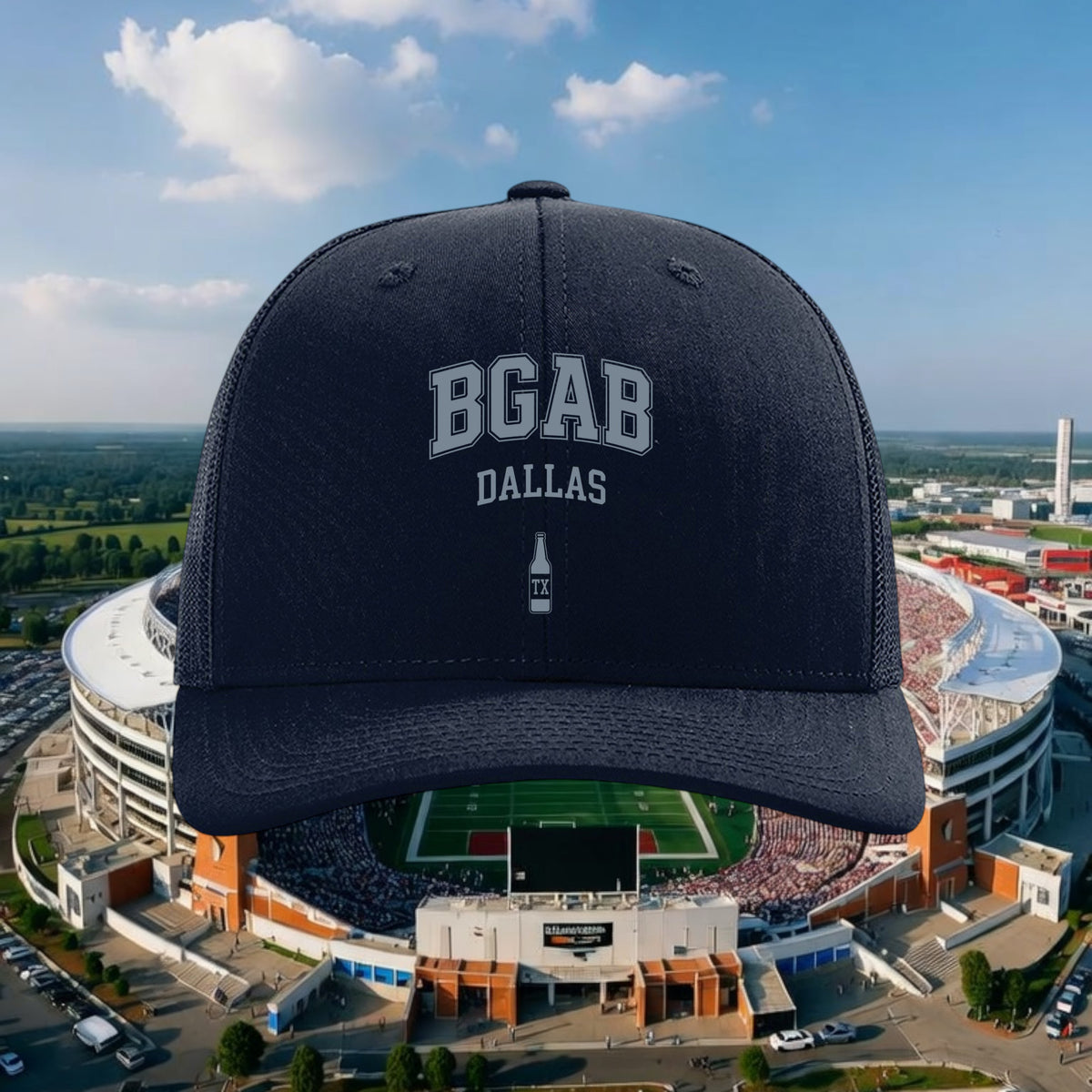 Better Grab A Beer navy blue six-panel trucker hat with BGAB Dallas bottle graphic and adjustable snapback closure