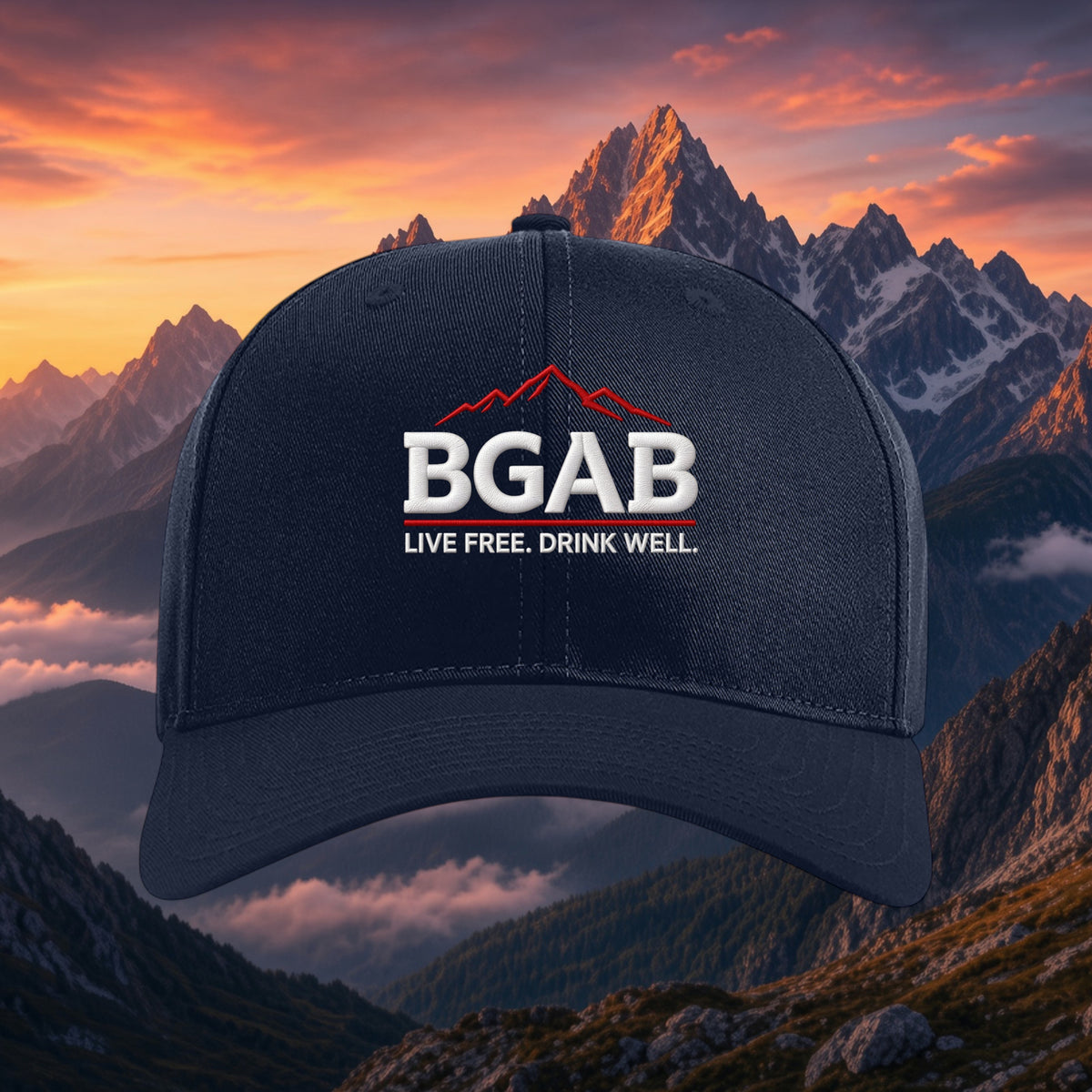 Better Grab A Beer navy blue structured twill snapback cap with red and white mountain logo embroidery