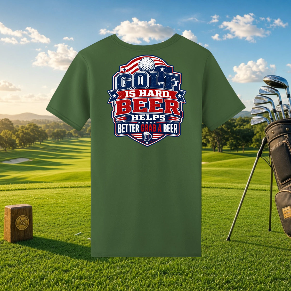 Better Grab A Beer olive green performance t-shirt with Golf Is Hard Beer Helps graphic on a golf course background
