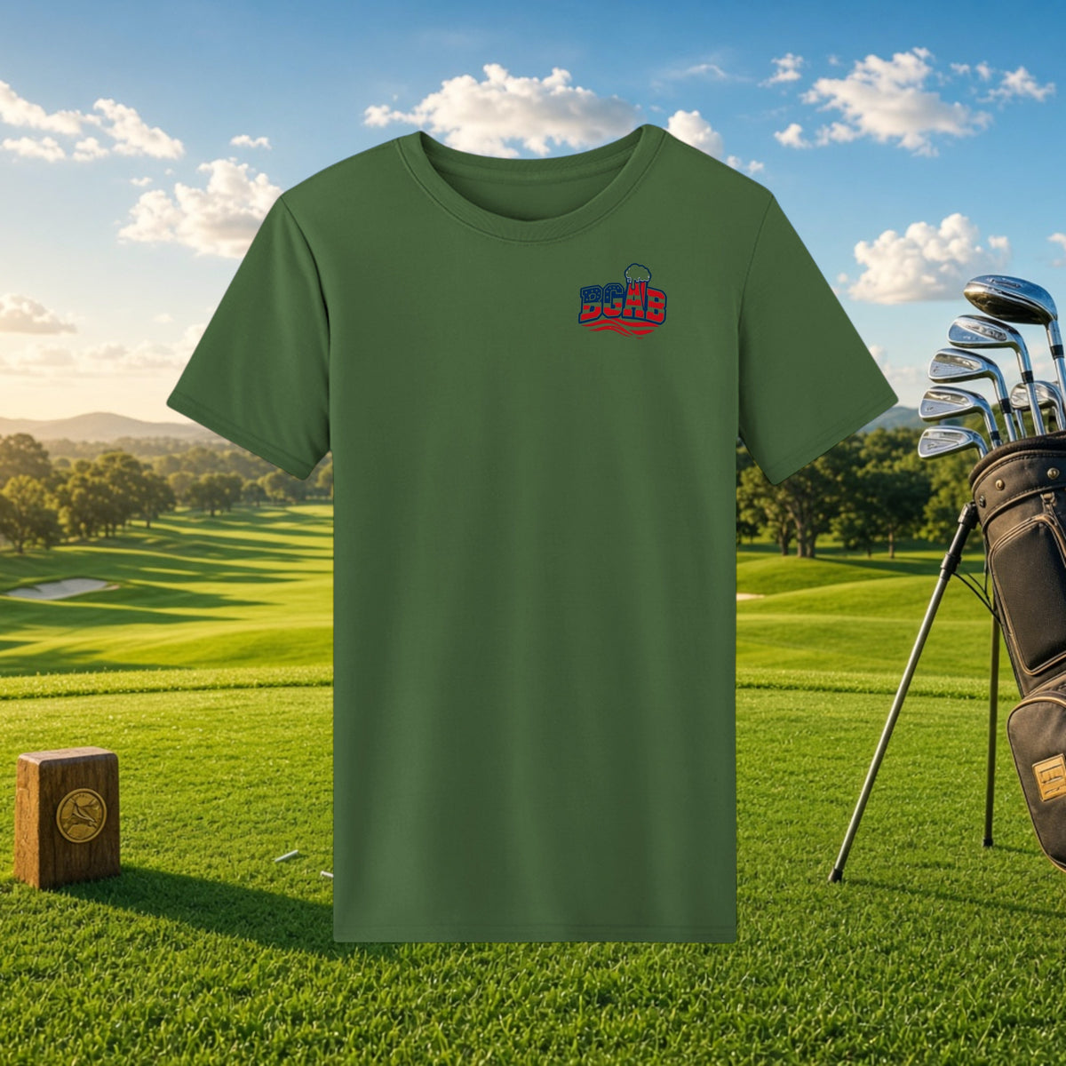 Better Grab A Beer olive green performance t-shirt with BGAB logo, featuring moisture-wicking fabric on a golf course.