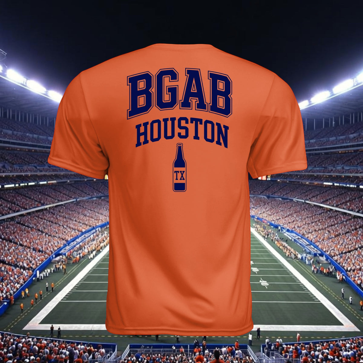 Better Grab A Beer orange moisture-wicking performance t-shirt with Houston graphic on back, stadium background