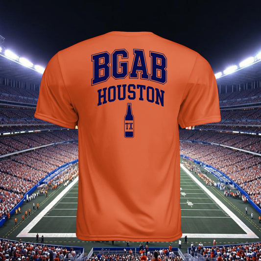 Better Grab A Beer orange moisture-wicking performance t-shirt with Houston graphic on back, stadium background